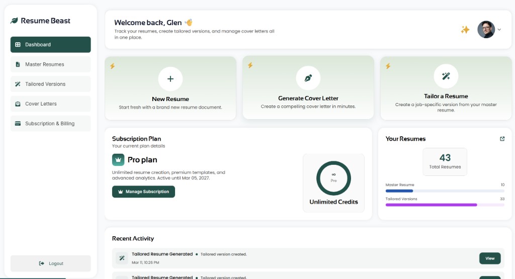 Resume Beast AI Dashboard showing resume builder interface